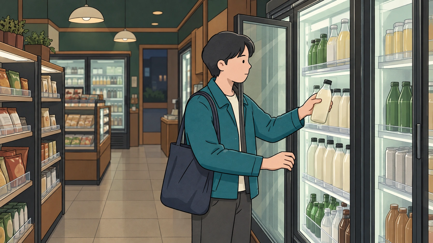 Homemade makgeolli alternative: a shopper lifts a cloudy drink bottle from a convenience-store refrigerator.