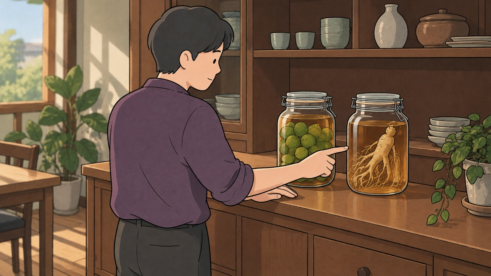 In this homemade makgeolli illustration, an adult points to ginseng liquor beside a sealed jar of green plums.
