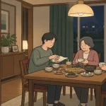 Homemade makgeolli story illustration: an adult pours a cloudy drink while two older parents hold bowls at dinner.