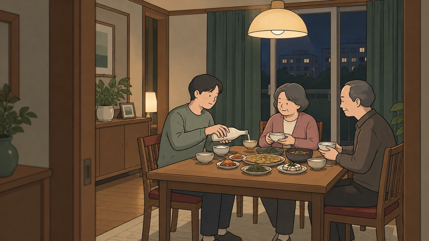 Homemade makgeolli story illustration: an adult pours a cloudy drink while two older parents hold bowls at dinner.