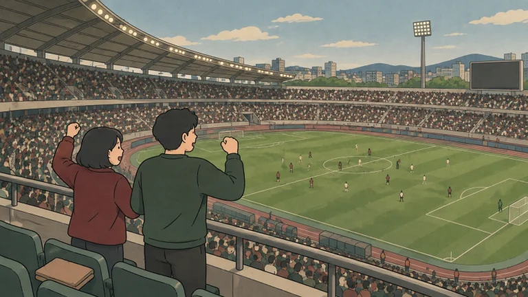Two supporters demonstrate hwaiting meaning with raised fists while watching a football match from stadium seats.