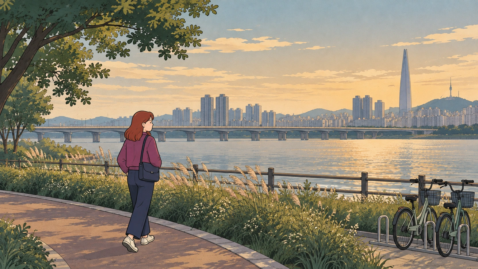 A traveler walks beside the Han River during an Incheon airport layover, with a bridge and skyline across the water.