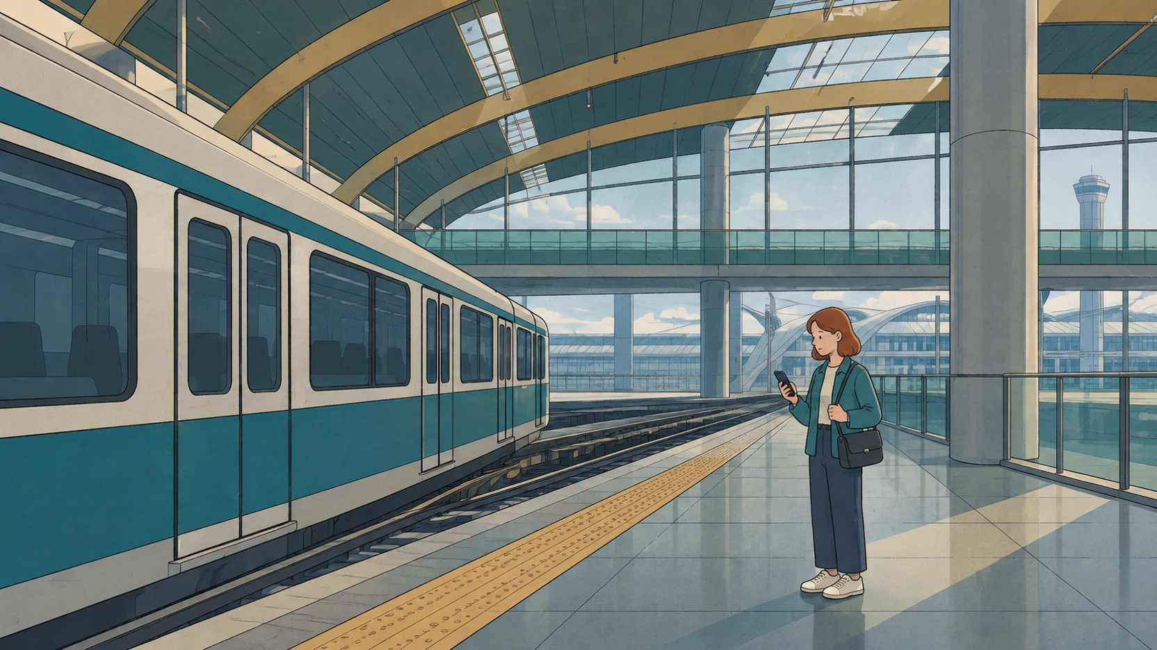 Beside a train, a traveler checks her phone in an Incheon airport layover illustration at a glass-roofed platform.
