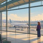 Incheon airport layover illustration of a traveler watching a parked plane through terminal windows.