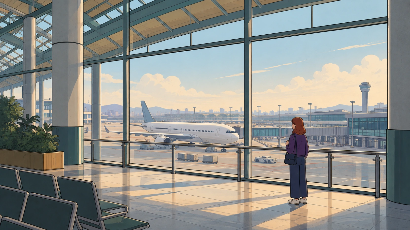 Incheon airport layover illustration of a traveler watching a parked plane through terminal windows.