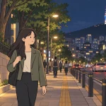 Is Seoul safe at night illustration of a woman walking on a lit sidewalk beside traffic and other pedestrians.