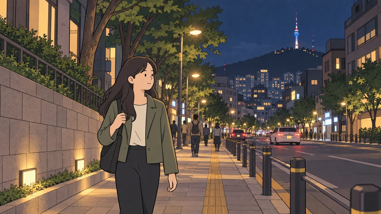 Is Seoul safe at night illustration of a woman walking on a lit sidewalk beside traffic and other pedestrians.