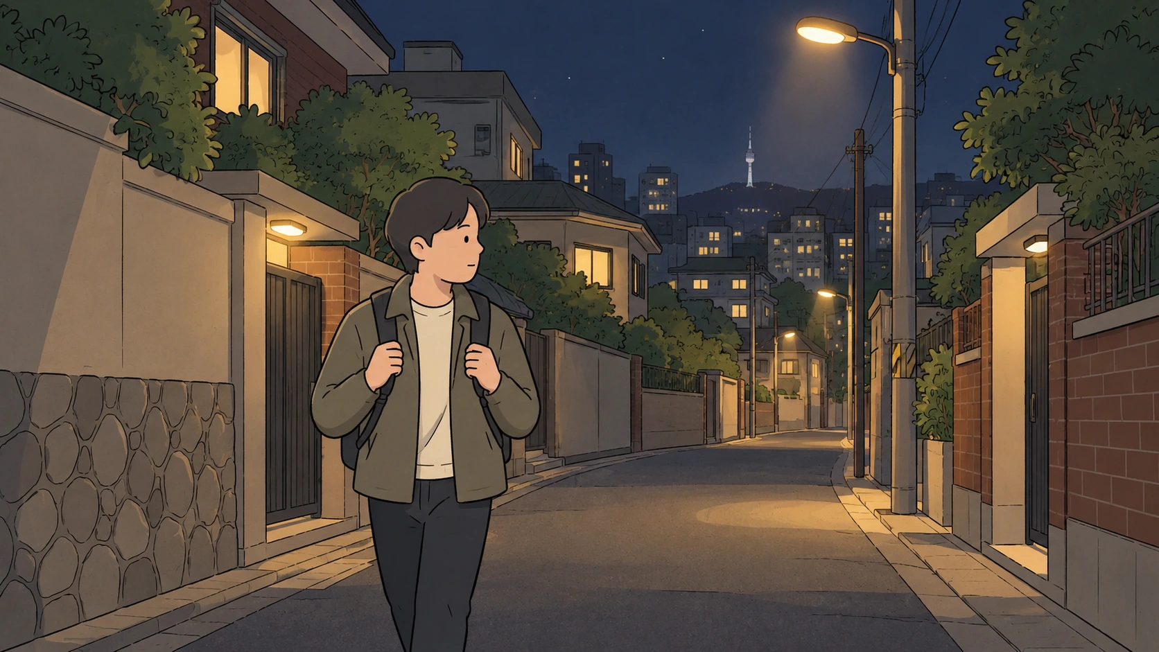A man holding his backpack straps walks along a lamplit residential lane in this Is Seoul safe at night illustration.