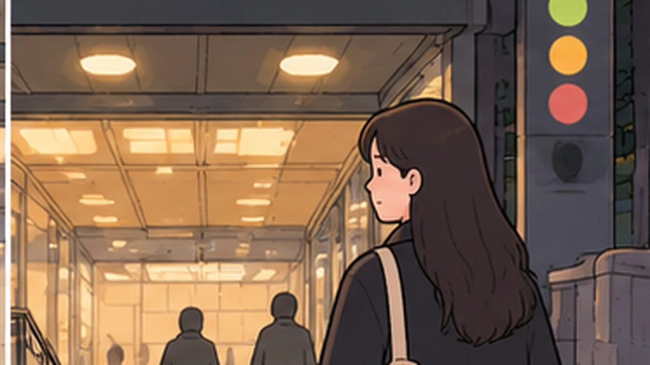Is Seoul safe at night illustration showing a woman with a shoulder bag at a brightly lit subway entrance.