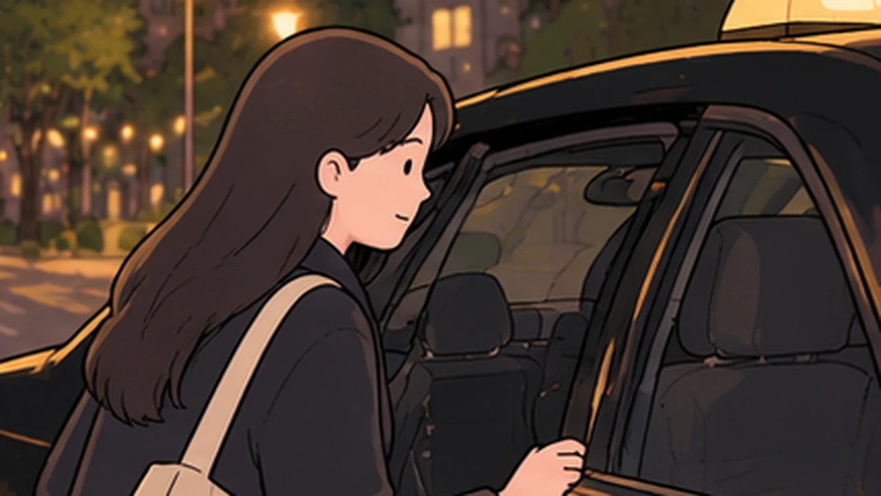 Beside an open taxi door, a woman holds the door frame in an Is Seoul safe at night illustration.