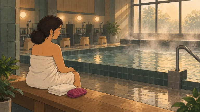 Italy towel bathhouse scene with a towel-wrapped visitor seated beside a steaming pool and washing stations.