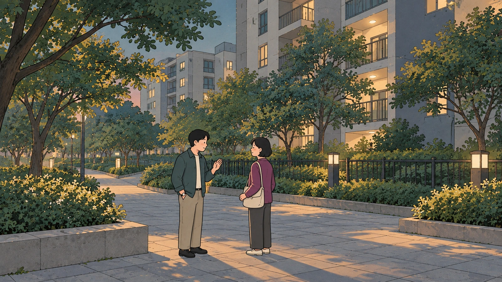 Korean age system conversation scene with a man raising one hand while speaking to a woman on an evening path.