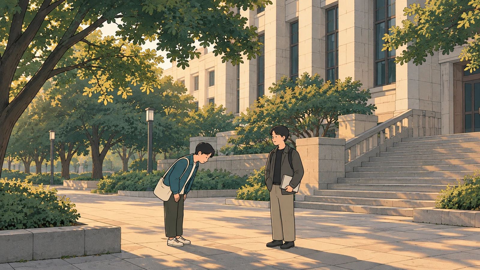 Korean age system school relationships illustrated by a student bowing to another student beside campus steps.