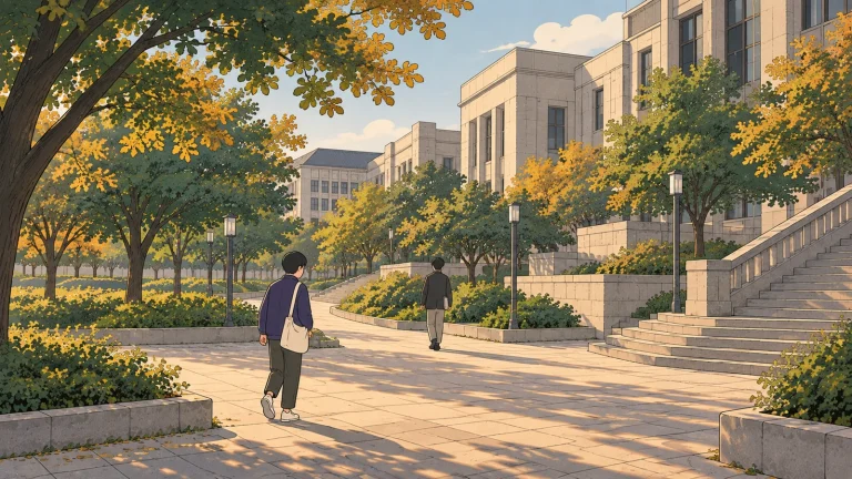 Korean age system illustration with two students walking along a tree-lined university campus path.
