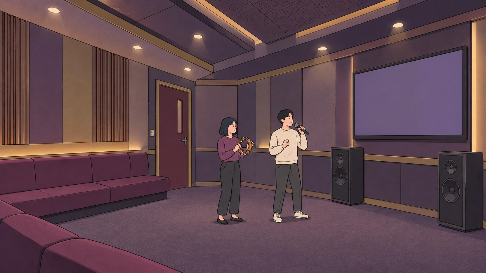 At Korean karaoke, a man sings into a microphone beside a woman holding a tambourine in a purple room.