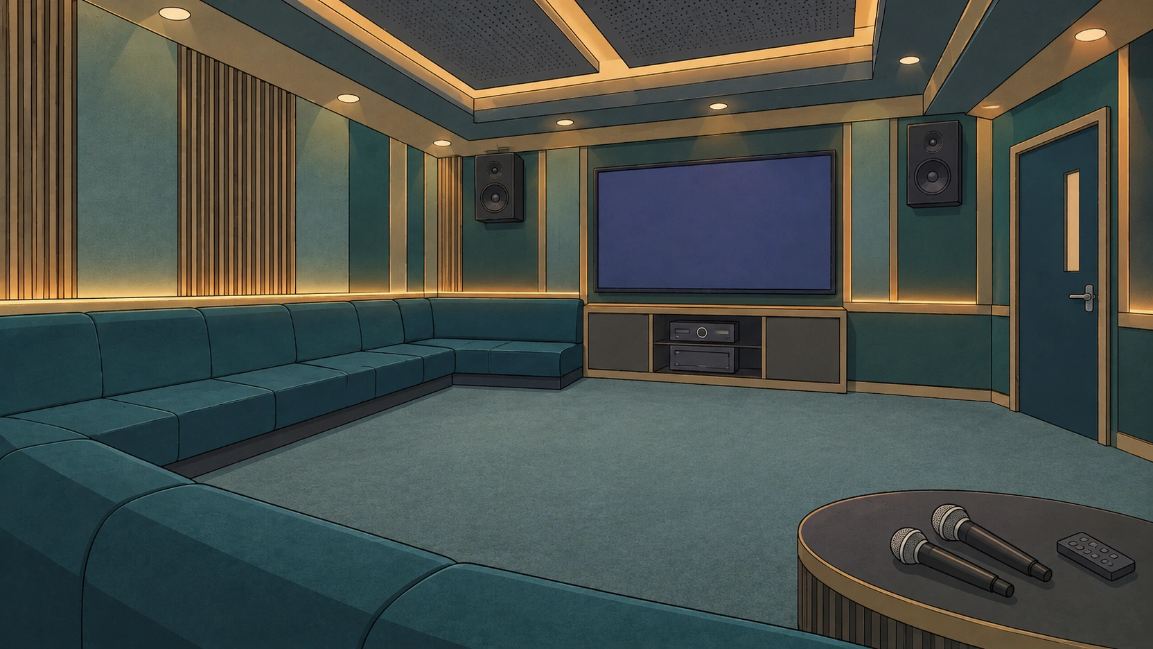Korean karaoke room with teal sofas, a large screen, speakers, and two microphones on a table.