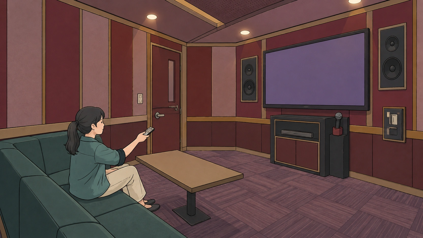 Seated on a teal sofa, a woman points a remote toward the screen in a Korean karaoke room.