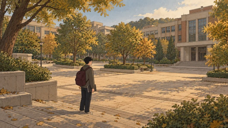 Korean military service illustration of a man with a backpack and notebook facing an autumn campus courtyard.