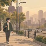 Koreans wear masks on a hazy city day: an adult walks along a tree-lined pavement beside traffic.