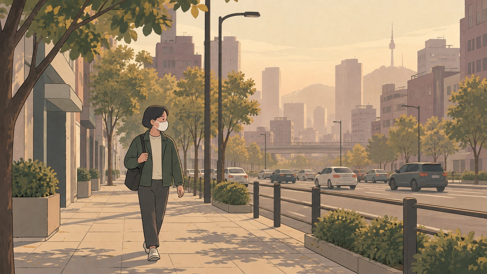 Koreans wear masks on a hazy city day: an adult walks along a tree-lined pavement beside traffic.