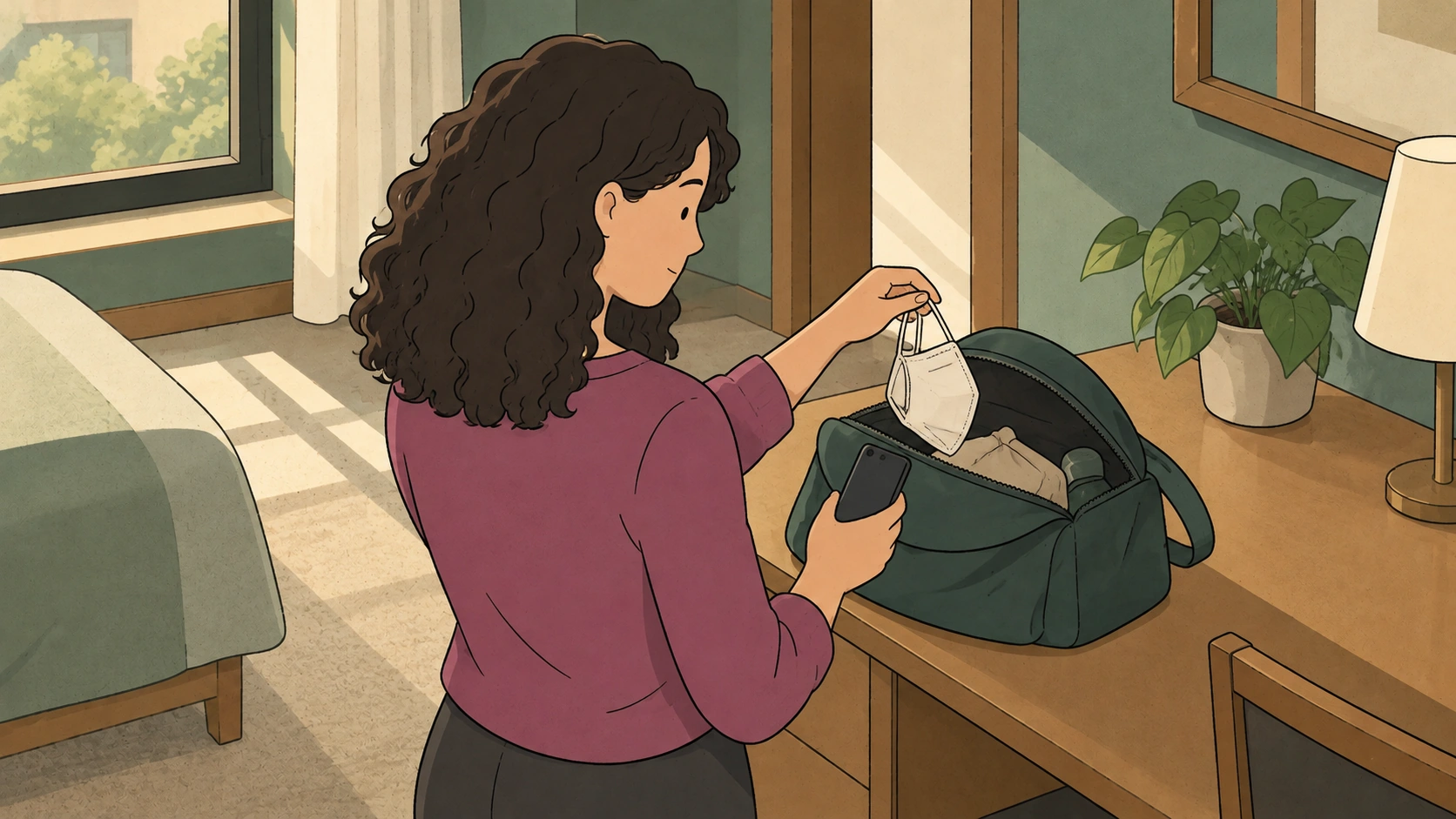 For a trip where Koreans wear masks, a curly-haired traveler holds a mask above an open bag and carries a phone.