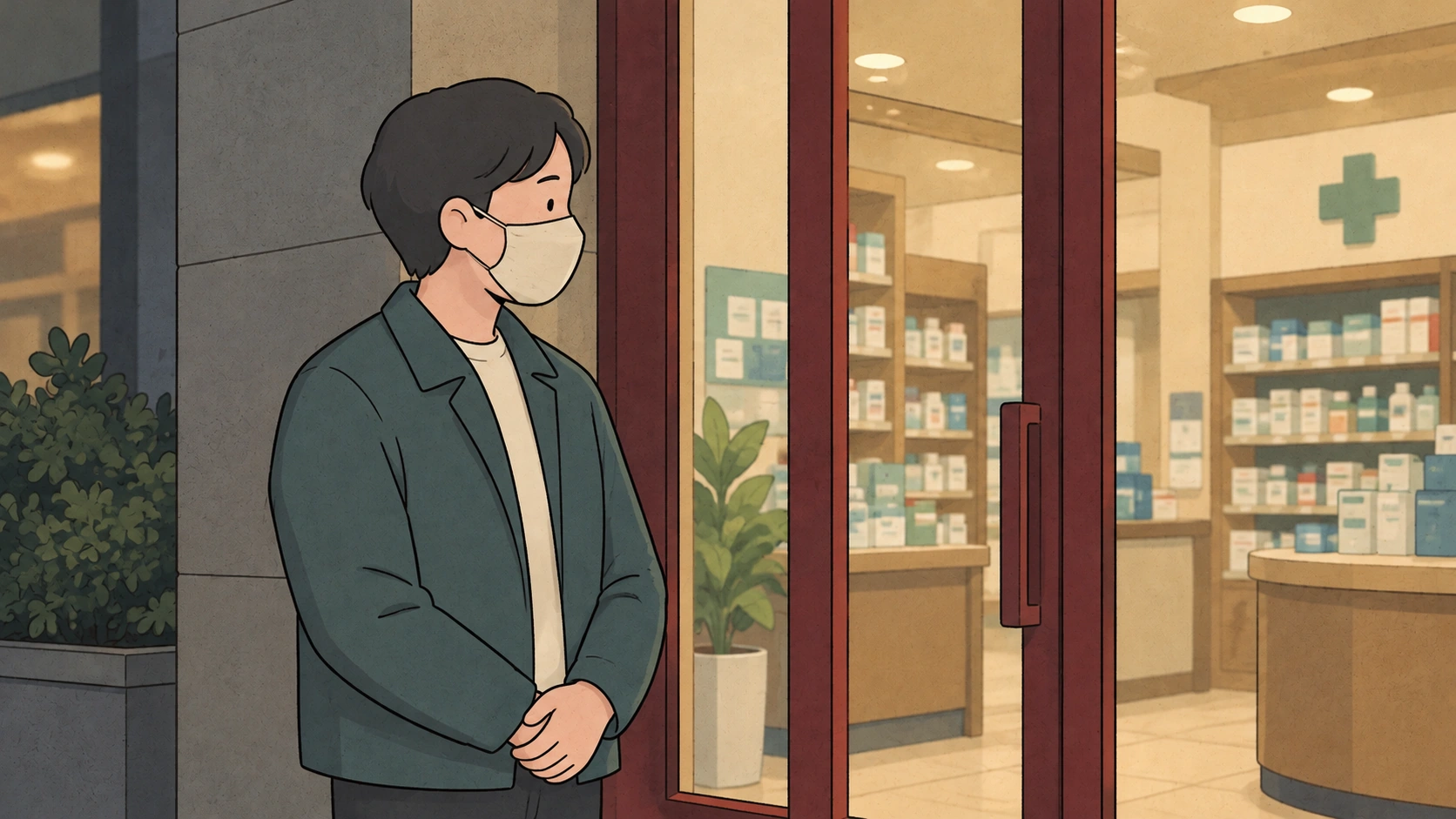 Koreans wear masks: a masked adult waits outside a pharmacy with hands clasped beside the glass door.