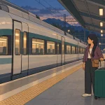 KTX luggage traveler waits with a large green suitcase behind the tactile paving beside a train at dusk.