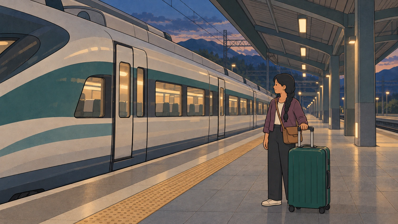 KTX luggage traveler waits with a large green suitcase behind the tactile paving beside a train at dusk.