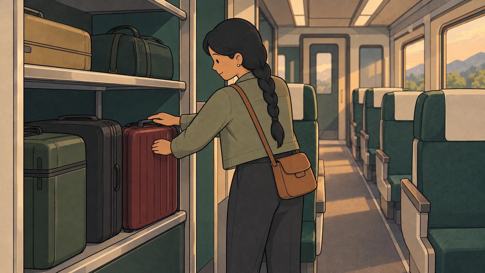 KTX luggage storage illustration showing a woman holding a red suitcase with its telescoping handle lowered.
