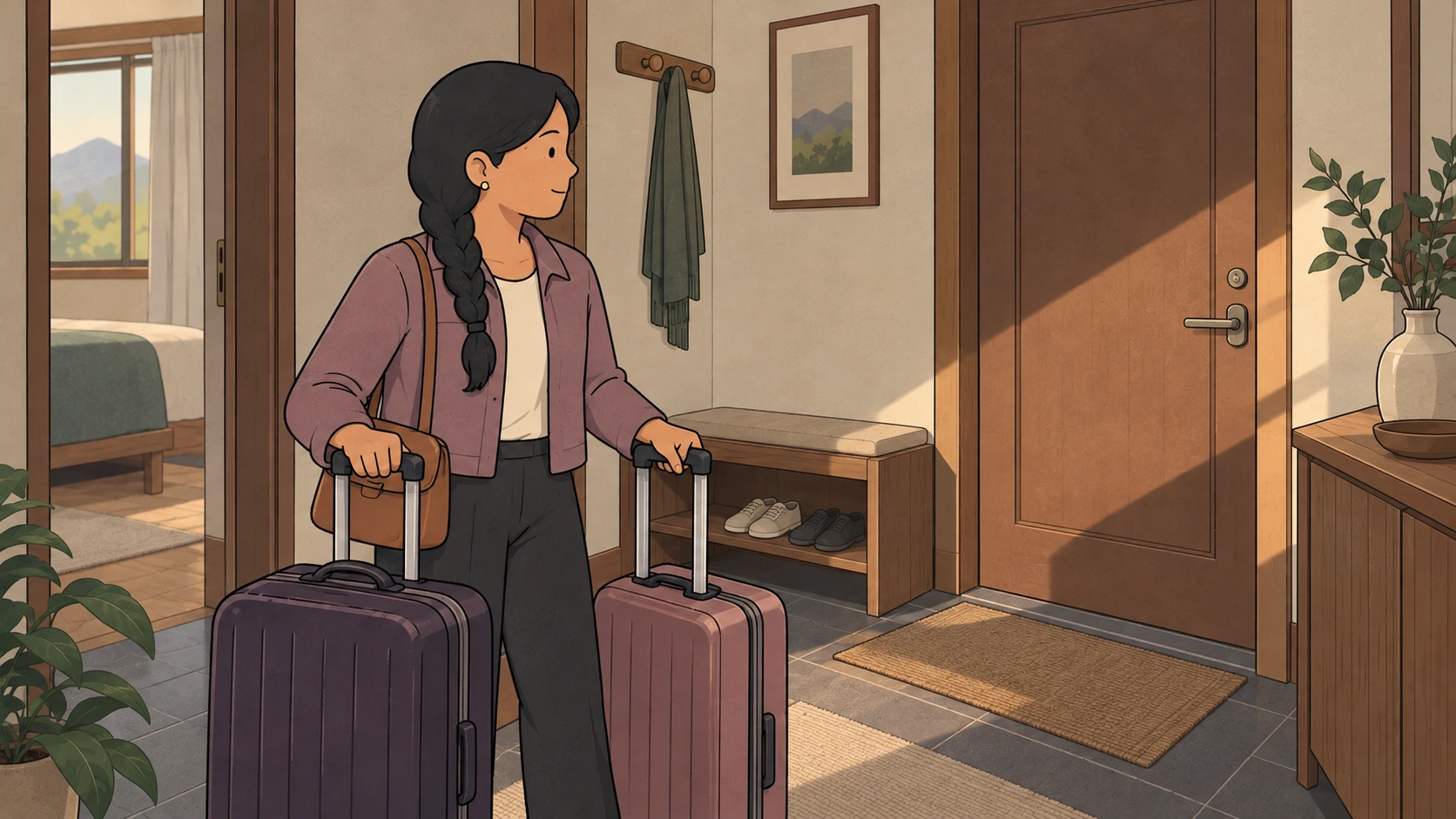 Before a KTX luggage journey, a woman holds two rolling suitcases beside a closed accommodation door.