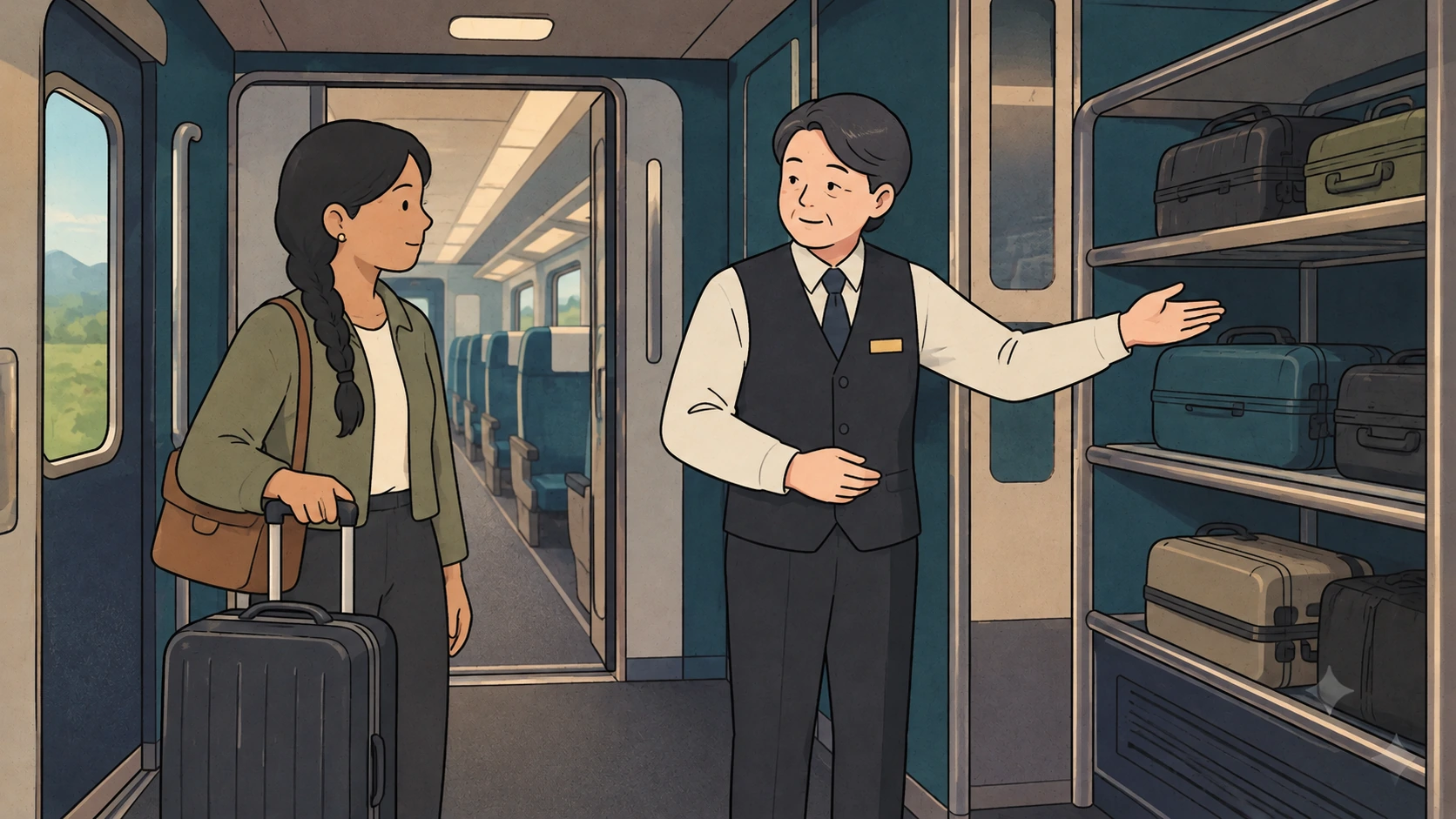 A traveler asks about KTX luggage storage as a crew member gestures toward shelves of suitcases.