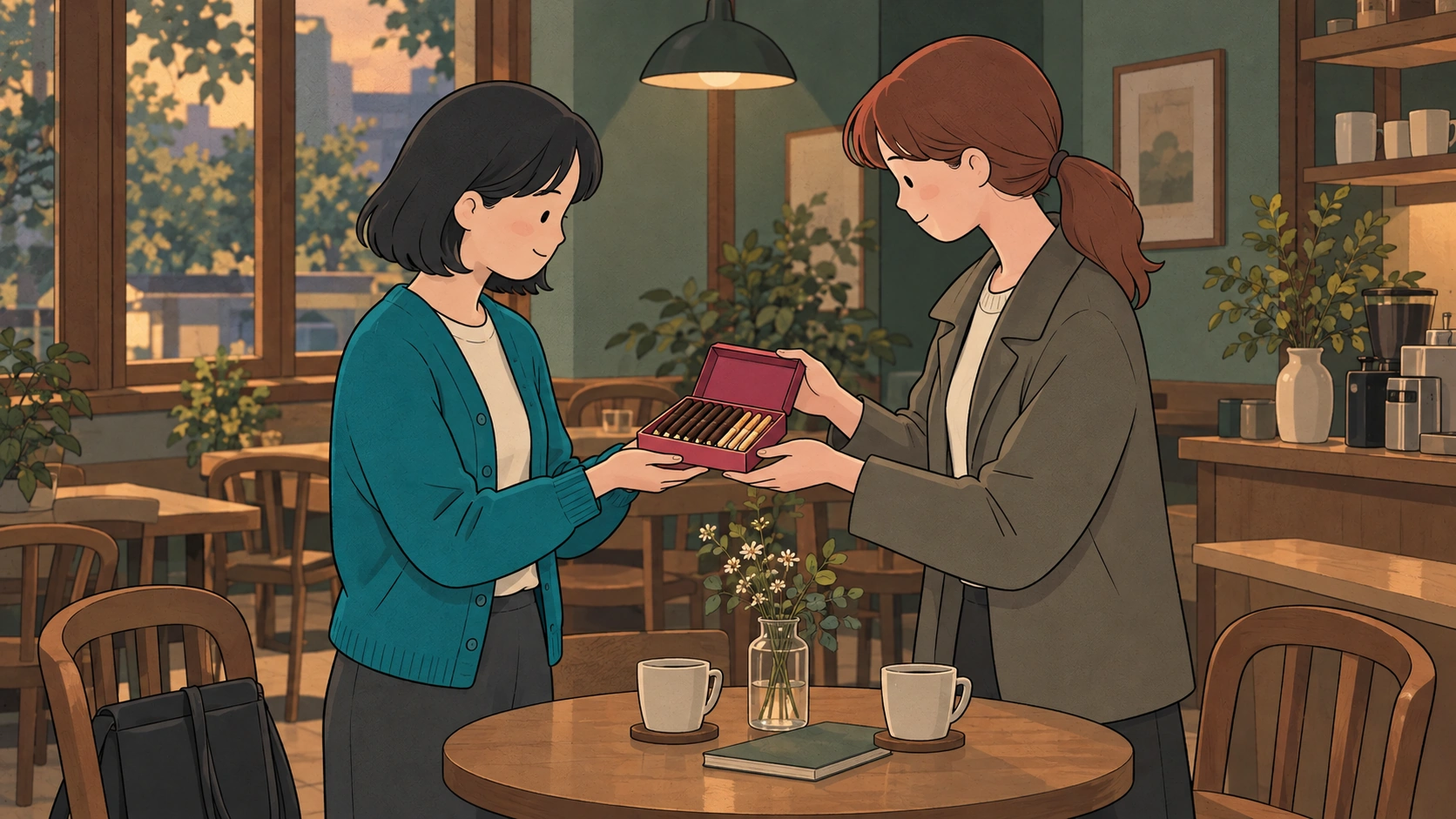 For November in Korea, two women share an open box of chocolate-coated biscuit sticks beside a cafe table.
