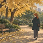 November in Korea park scene with a traveler walking beneath golden ginkgo trees beside benches and a pavilion.