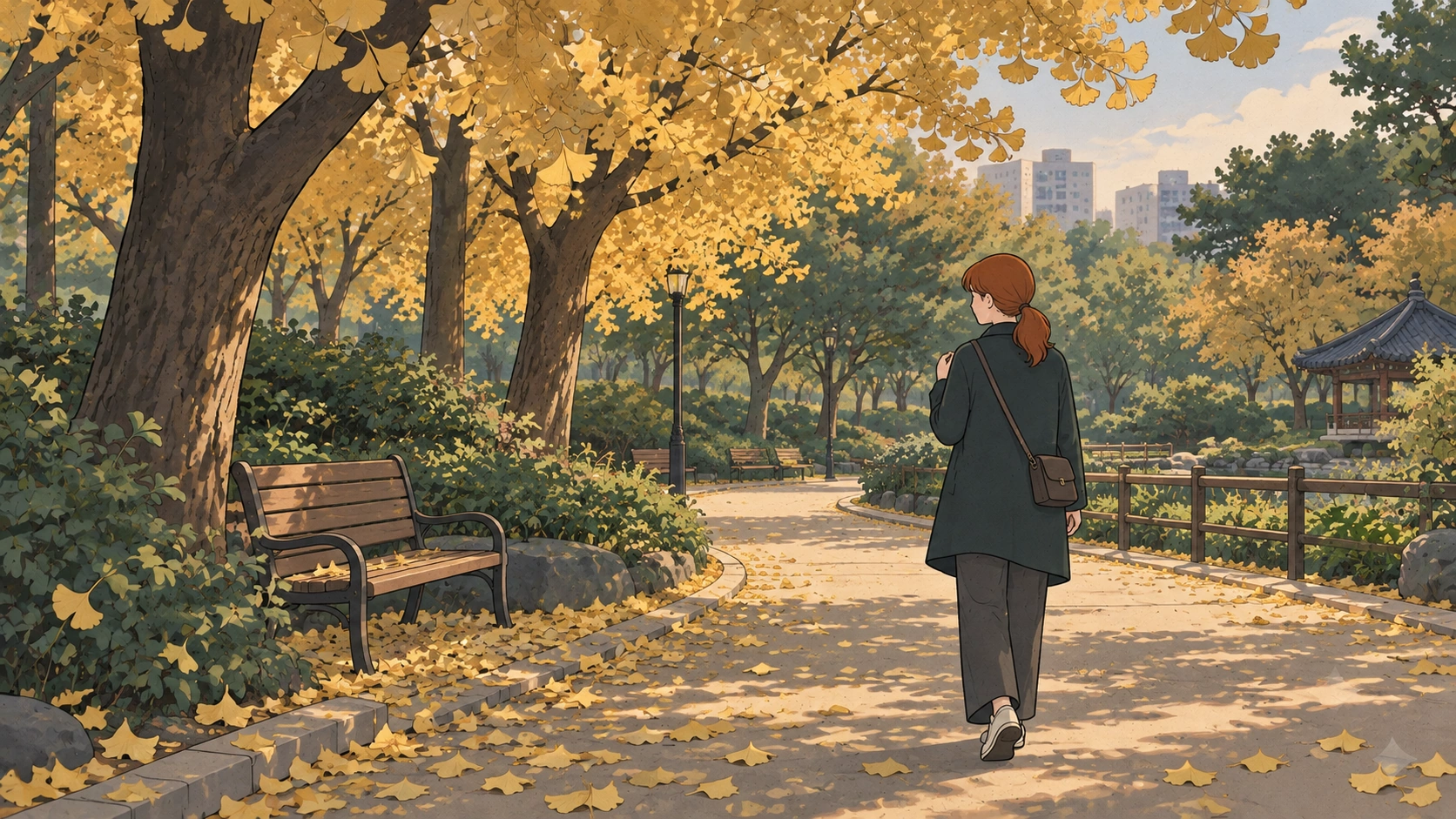 November in Korea park scene with a traveler walking beneath golden ginkgo trees beside benches and a pavilion.