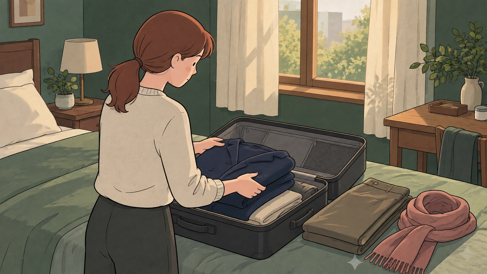 November in Korea packing scene with a traveler folding a navy coat into a suitcase beside trousers and a scarf.