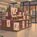 Pepero Day Korea snack boxes fill a convenience store display beside windows overlooking autumn trees.