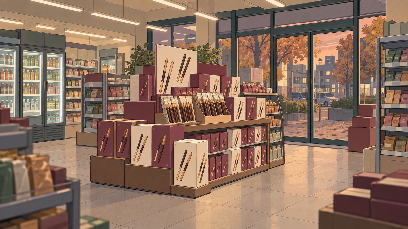 Pepero Day Korea snack boxes fill a convenience store display beside windows overlooking autumn trees.