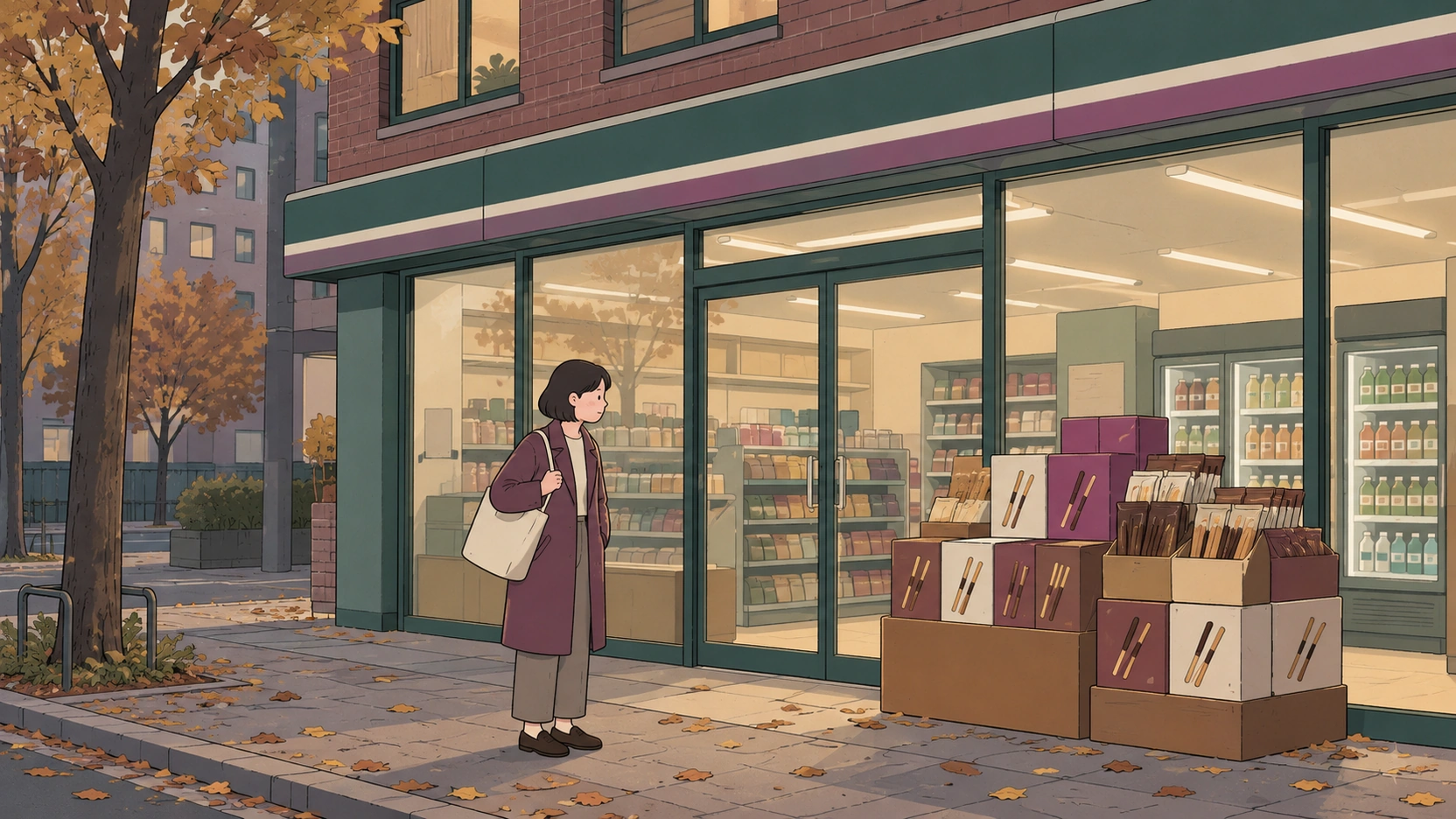 Beside a Pepero Day Korea snack display, a woman with a shoulder bag stands outside a convenience store.