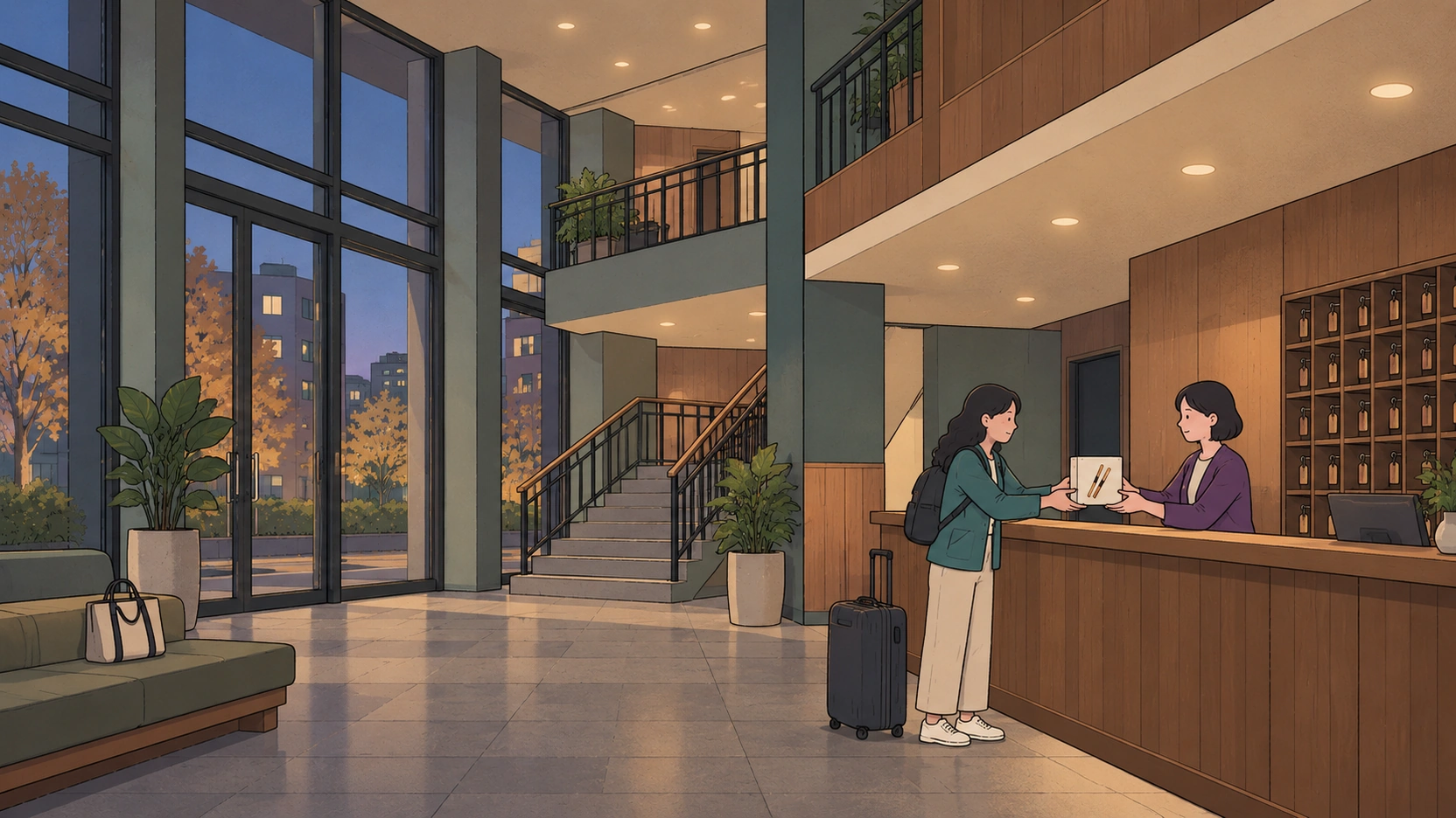 A traveler offers a Pepero Day Korea snack box to a receptionist, with a suitcase standing beside her.