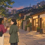 Rude things to avoid in Korea cover with a traveler raising an open hand while talking with her companion at dusk.