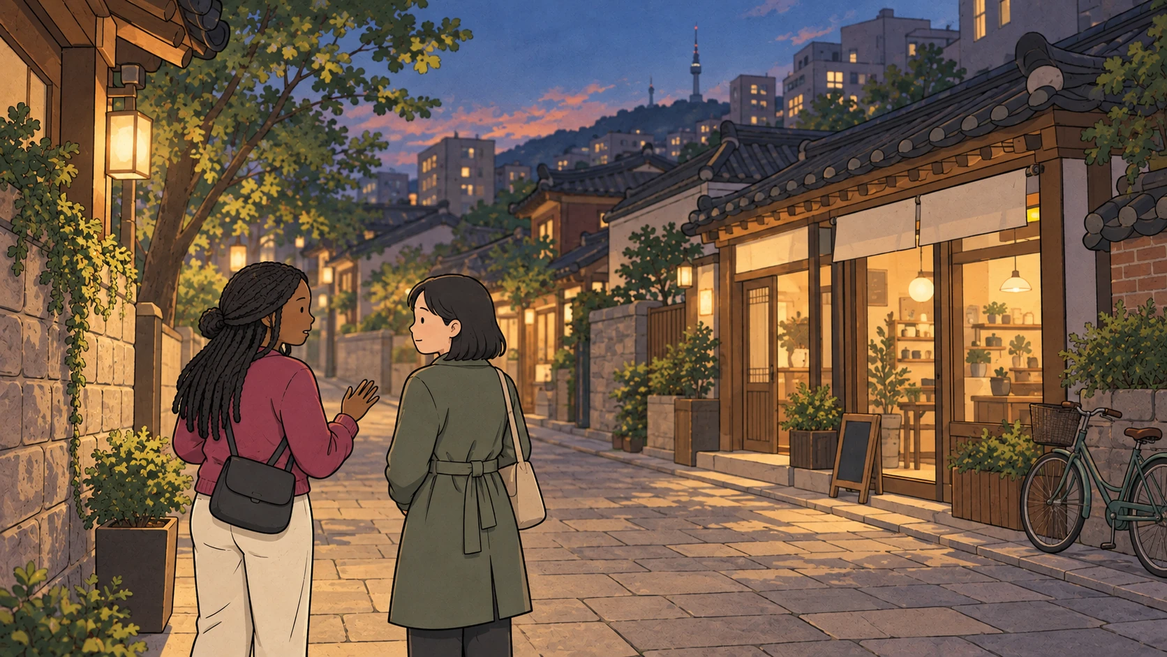 Rude things to avoid in Korea cover with a traveler raising an open hand while talking with her companion at dusk.