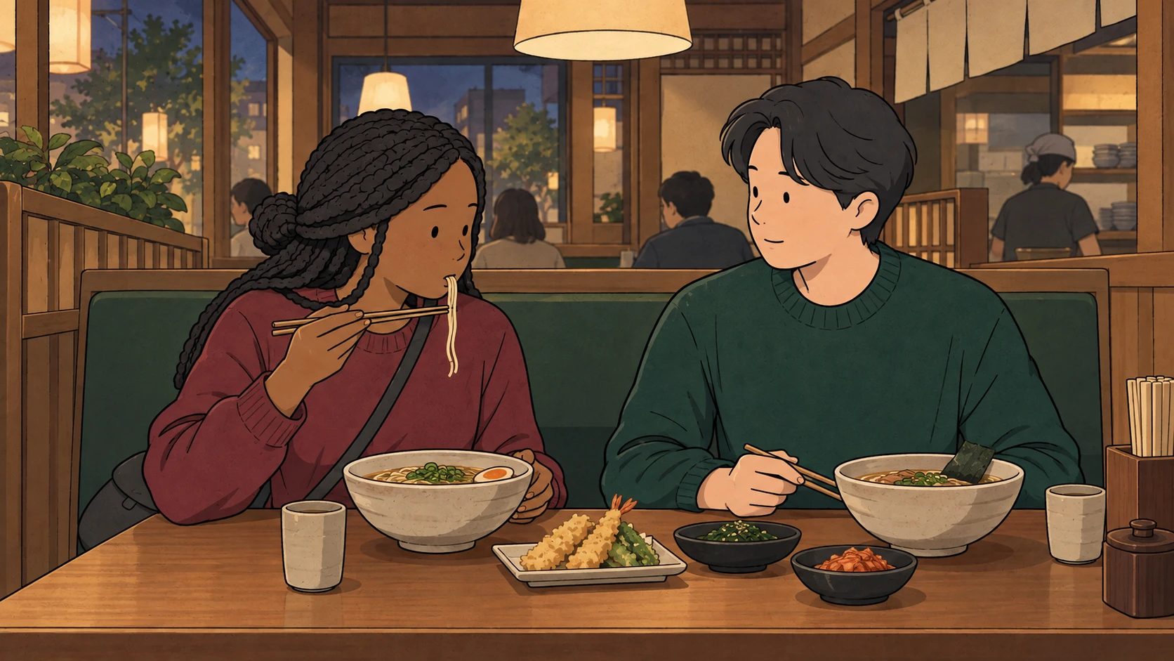 A traveler eats noodles beside her companion in a rude things to avoid in Korea illustration at a restaurant table.
