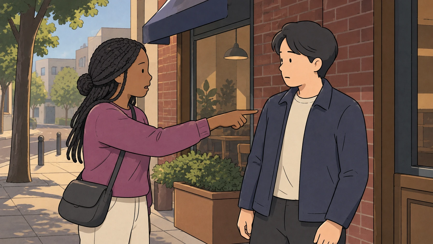 Rude things to avoid in Korea illustrated by a traveler pointing a finger directly at a man outside a shop.