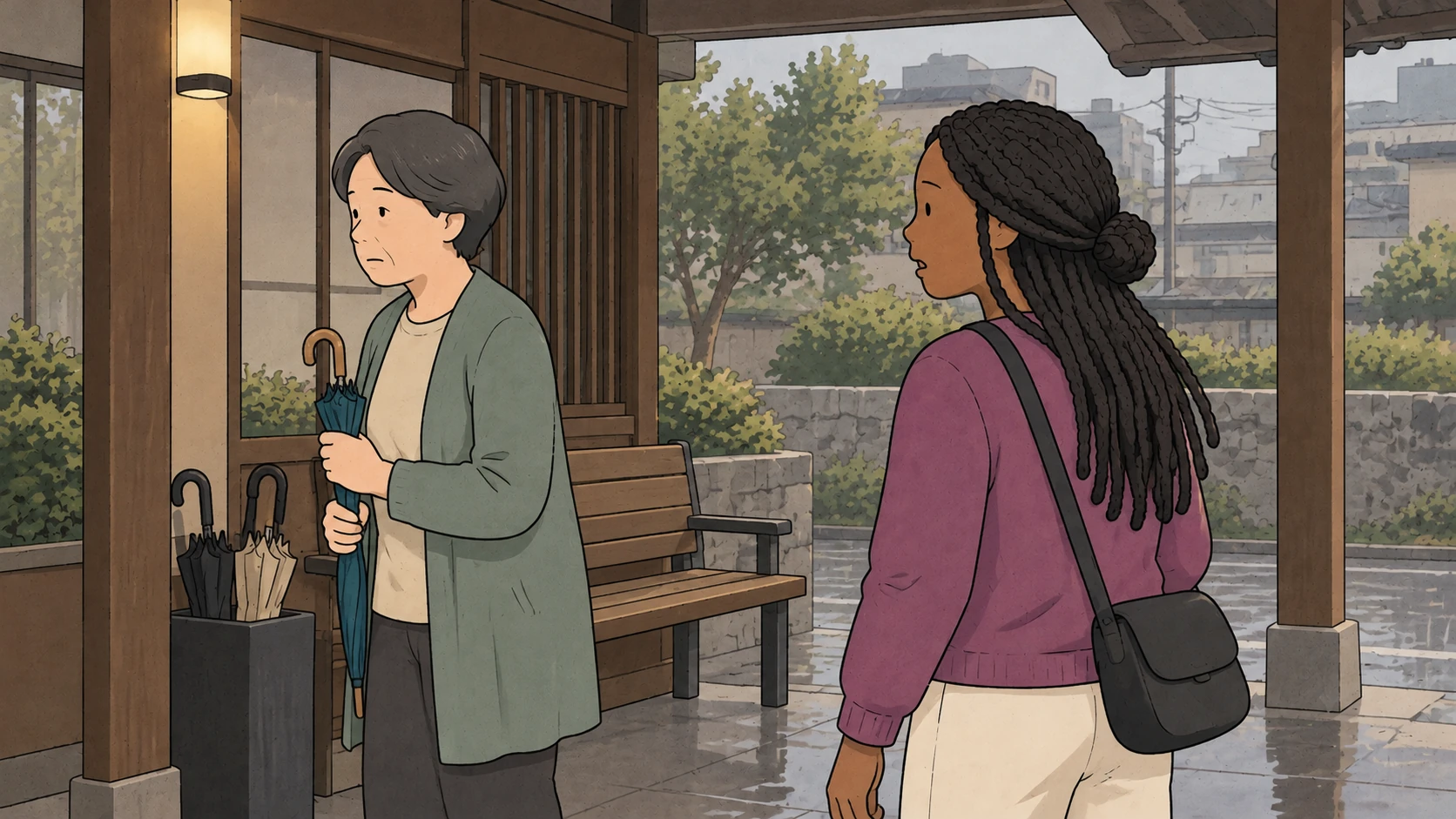 In this rude things to avoid in Korea scene, a traveler watches an older woman holding an umbrella beside a bench.