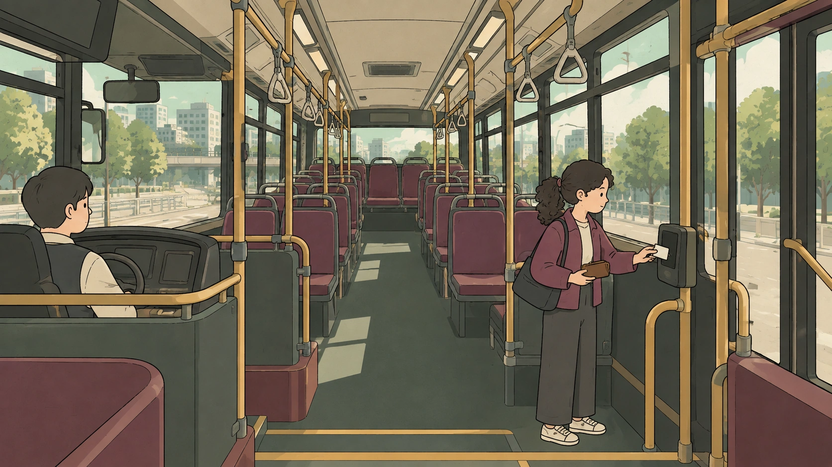 A traveler holds one card to a bus reader in a T-money card not working illustration, keeping her wallet separate.