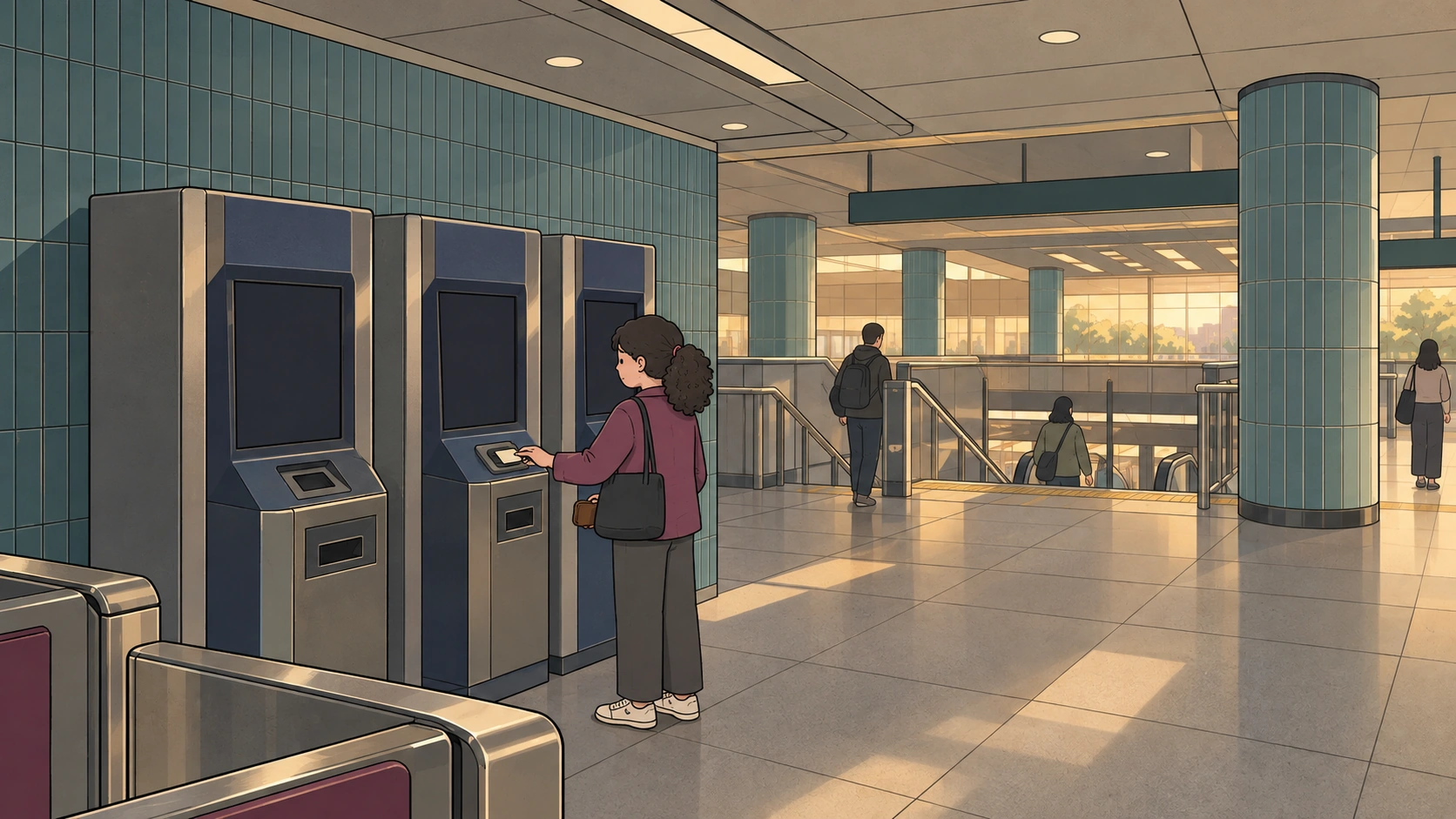 T-money card not working scene showing a traveler placing a card on a subway station machine's reading pad.