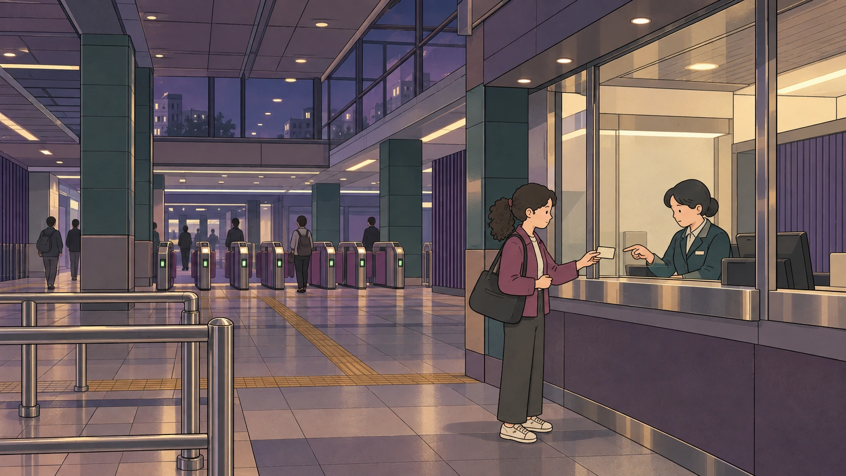 At a service window, a traveler shows her card to an employee in a T-money card not working illustration.