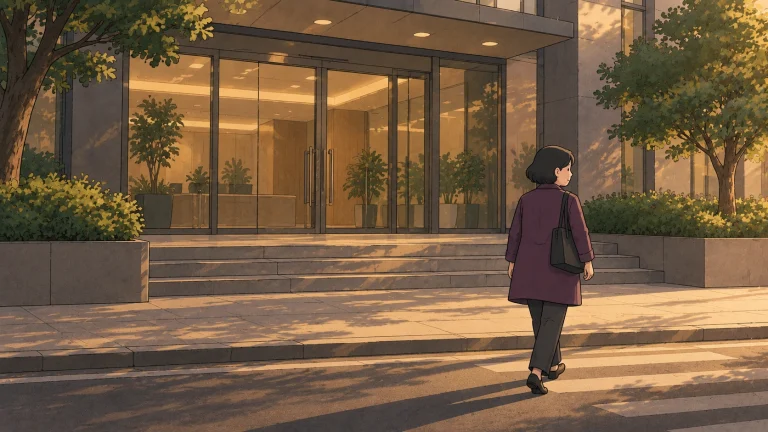 What is jeong cover showing a woman with a shoulder bag walking away from a glass office entrance in evening light.