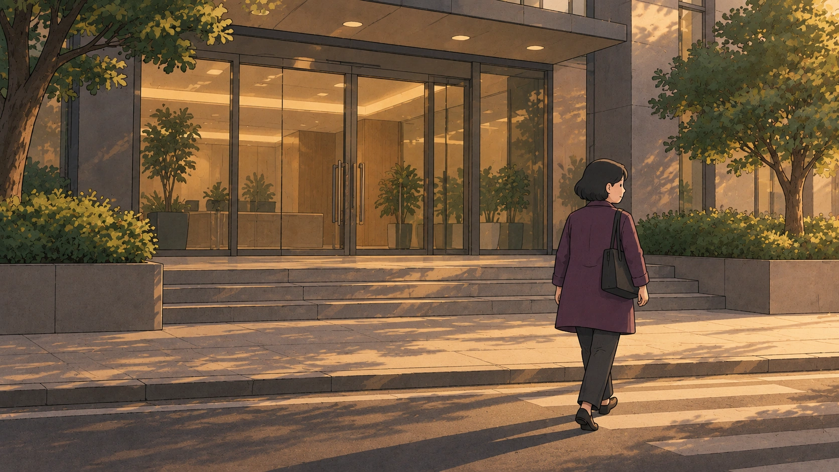 What is jeong cover showing a woman with a shoulder bag walking away from a glass office entrance in evening light.