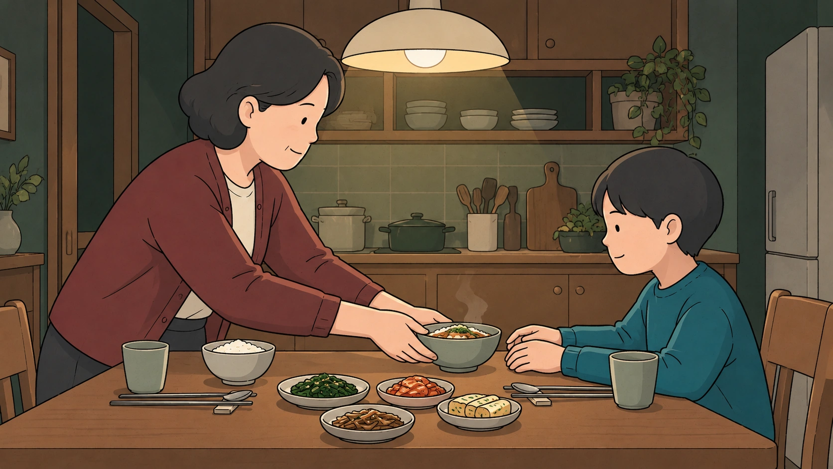 What is jeong illustrated by a woman serving a steaming bowl to a child at a kitchen table.